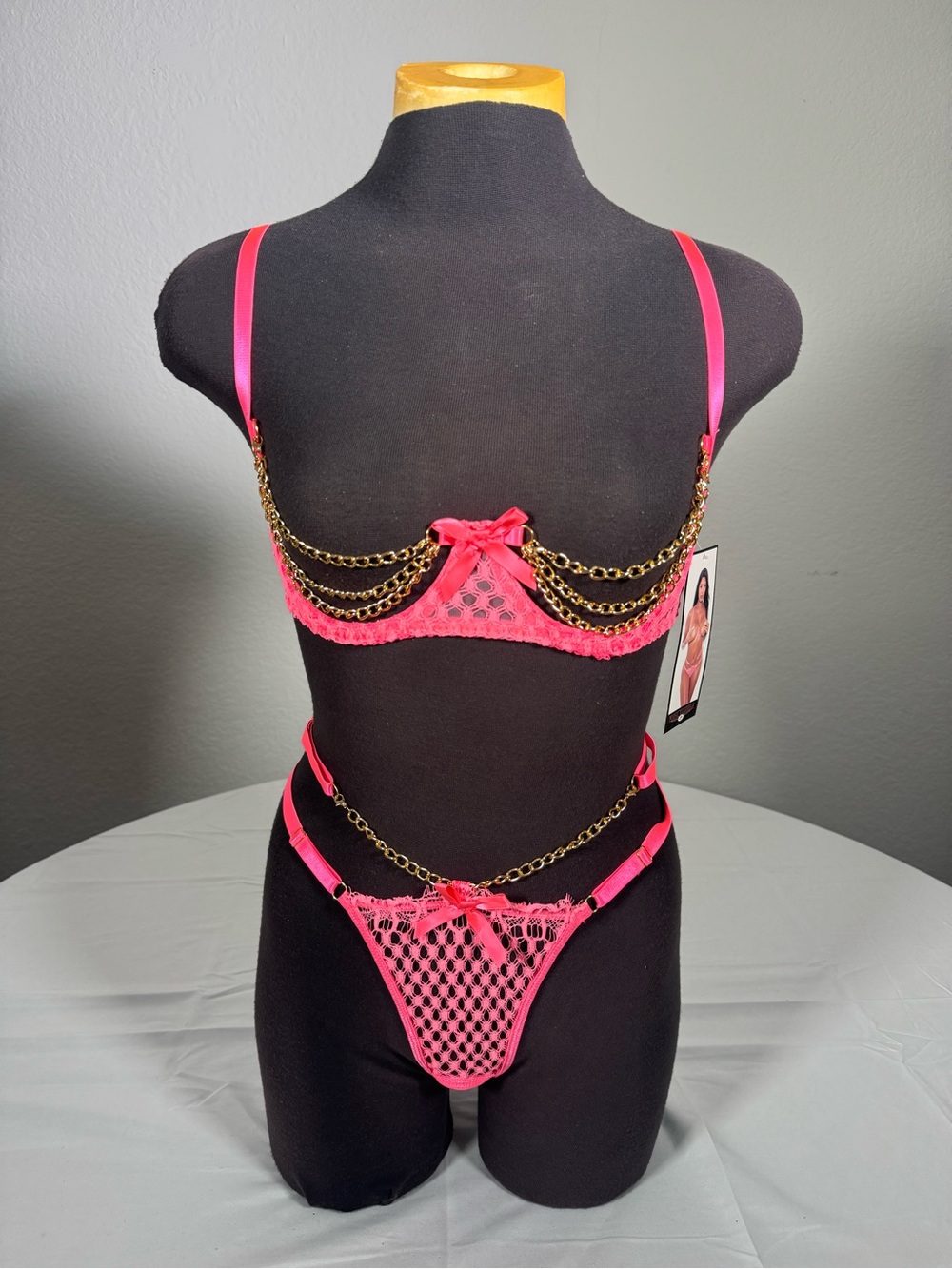 Cupless Pink Lace & Chain Two-Piece Lingerie Set